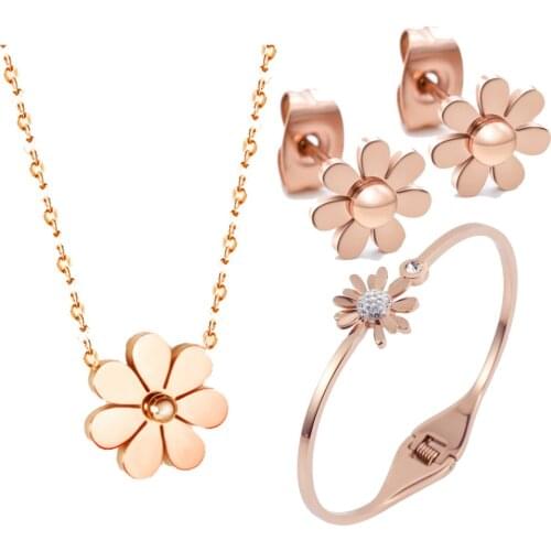 316L Stainless Steel Rose Gold Sunflower Necklace Bracelet Earring Set Non-fading Small Flower Wedding Jewelry Set