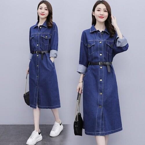 New Spring Autumn Women Dresses Turn-Down Collar Casual Solid Belt Slim Single Button Jeans For Females Pockets Denim One-Piece