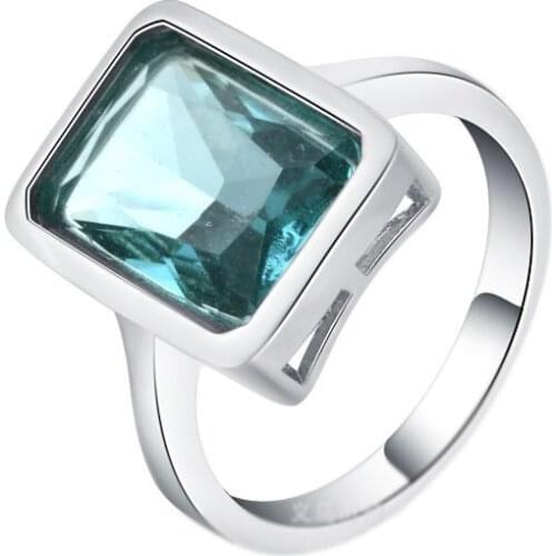 Womens Fashion Silver Plated Square Cut Blue Zircon Ring Light Blue Gems Crystal Princess Ring Cocktail Party Womens Jewelry