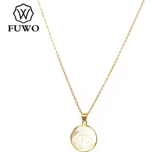 FUWO Lovely Madonna Virgin Mary Carved Shell Necklace with Gold Bezel Trimmed Natural Seashell Jewelry For Women Gift NC510