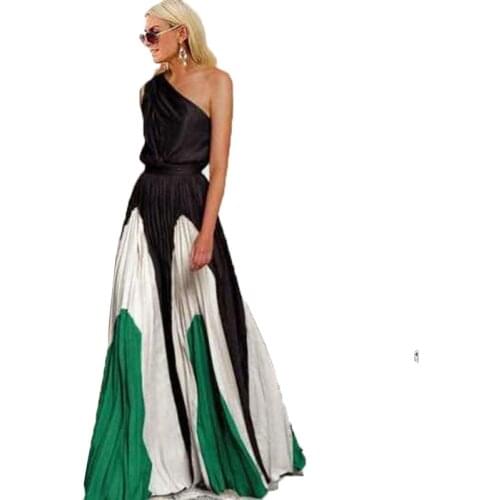 2021 Women Dress Plus Size Maxi Dresses Color Block Women Spring One-Shoulder Pleated New Vestidos Sleeveless Loose Split Dress