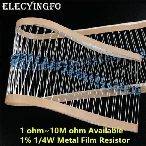 100pcs/Lot 1/4W Metal Film Resistor 0.25W 1% (1~10M ohm Available) 1/10/100/1k/10k/100k/1M/220R/330R/4R7/47R/4K7/47K/470K/4.7M