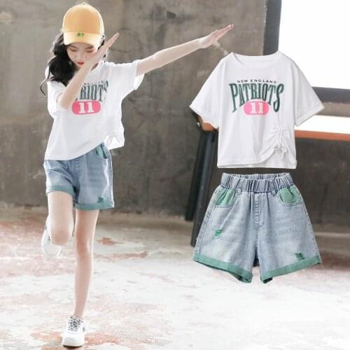 Teen Girls Fashion Suit Children Clothing Summer White Green Letter Print T-shirt + Denim Shorts 2pc Kids Outfits 4 To 14 Years