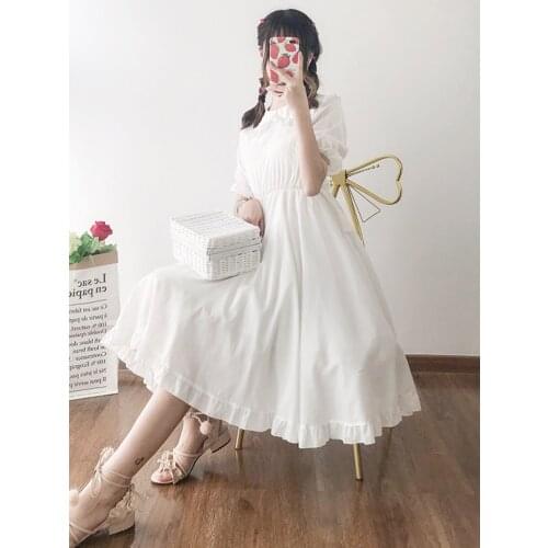 2020 New Summer Womens Hipster Japanese Princess Dress Doll Collar Short-Sleeve Dress White Long Type lolita dress