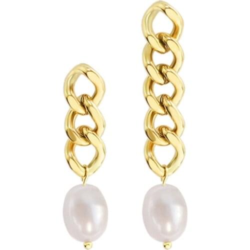 2021 New Fashion Freshwater Pearl Asymmetric Long Short Thick Chain Drop Earrings for Women Gold Sliver Color Wedding Jewelry