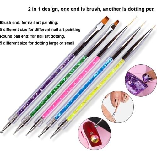 5Pcs/set Dotting Painting Pen Nail Art Brush Drawing Liner Brush Acrylic Builder 2 side Sequins Handle UV Gel Manicure Brushes