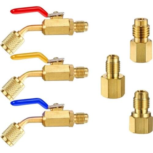 6pcs Air Conditioning Refrigerant Angled Compact Ball Valve 1/4 Inch for R134A R410A R12 R22 AC HVAC Charging Hoses ,Manifolds
