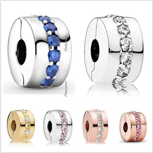 Authentic 925 Sterling Silver Blue Sparkling Shining Path With Crystal Clip Charm Bead Fit Pandora Bracelet & Necklace Jewelry