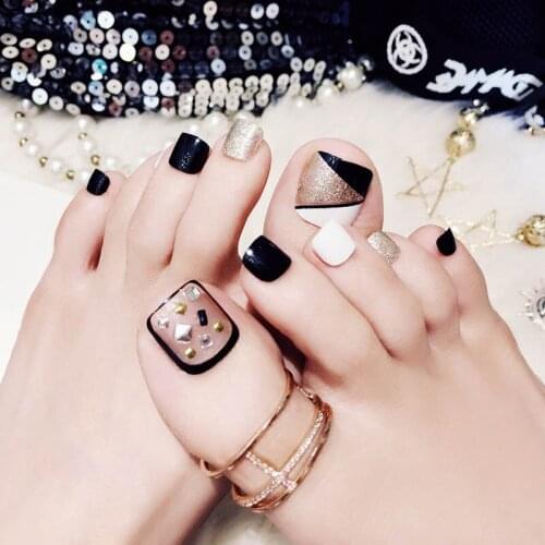 Black Transparent press on toenails Gold Glitter Stylish Rivet Design False Nail Short Artificial Acrylic Tips for toe nail glue
