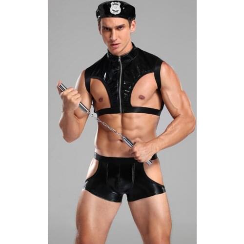 Black Sexy Male Police Suit Hollow Out Tops and Shorts Sets Police Costume Uniform Halloween Cosplay Costume Stage Wear For Man