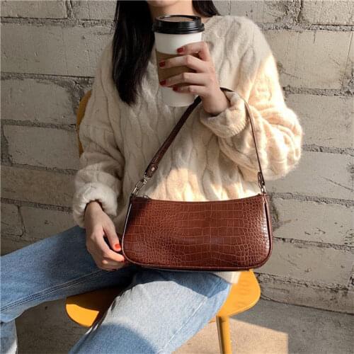 French Design Ladies Retro Armpit Bag Crocodile Pattern PU Leather Women Shoulder Bags Solid Color Girls Baguette Purse Handbags