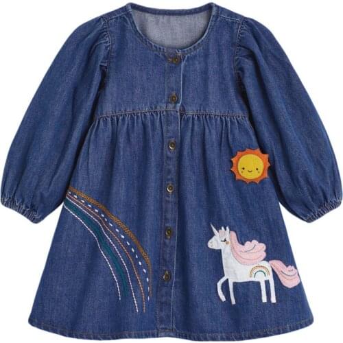 Little maven Autumn Winter Denim Skirt Long Sleeve Girls Sun Unicorn Button Clothes Round Neck Children Casual Dresses 2-7years