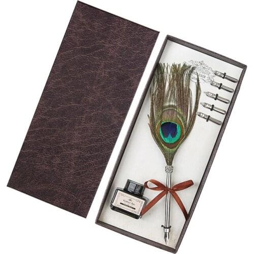 European Vintage Antique Feather Dip Pen Metal Nibbed Pen Ink Writing Quill Set Gift Box Student Quill Fountain Pen Set