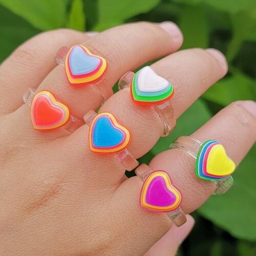 Lost Lady New Romantic Cute Multicolor Resin Heart Rings for Women Fashion Girls Transparent Finger Rings Wholesale Jewelry Gift