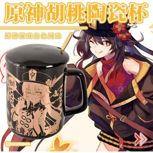 Game Anime Genshin Impact Klee Mug Hu Tao Zhongli Xiao Tartaglia Ceramic Mug With Gold Stamping Spoon Lid Coffee Cup Daily Gift