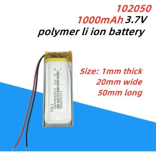 1PC 3.7v 102050 1000mah polymer lithium rechargeable battery Li-Po for small steel gun Bluetooth speaker charging core