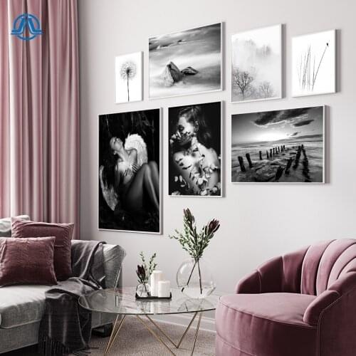 Fashion Angel Wing Pictures Black White Landscape Poster Nordic Flower Forest Print Wall Art Canvas Painting Living Room Decor