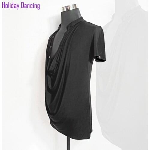 2021 New W713 Short Sleeve Male Latin Dance Tops V Neck Wrinkle Design Latin Dancing Tops Performamnce Modern Dance Dress