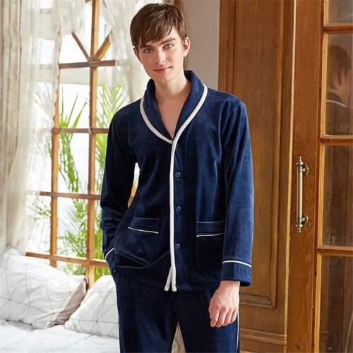 2019 New Style Mens Pajamas Set Winter soft Warm Flannel Thicken Male Pajamas Sets Long Sleeve Sleepwear Top + Pant Leisure
