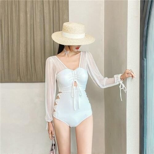 2021 new long-sleeved lace sexy backless one-piece swimsuit women Japan and South Korea high waist slim bikini