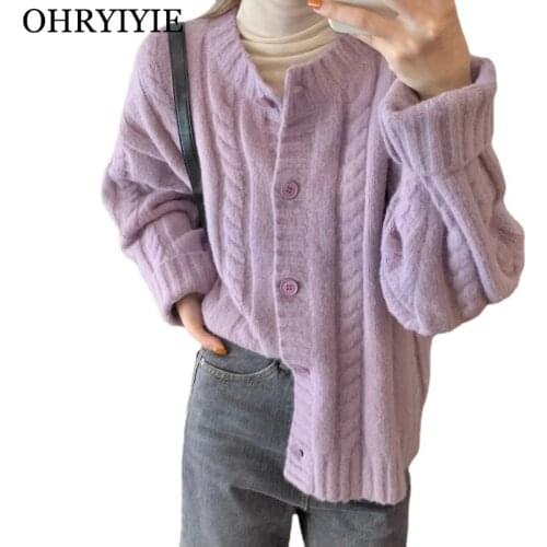 OHRYIYIE Autumn Winter Solid Color Loose Cardigan Sweater Women 2021 Fashion Slim Knitted Sweaters Female Single Breasted Tops