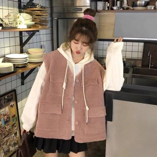 Autumn Winter Womens Coats Korean Style Solid Loose College Style Pockets Sleeveless Coats Goth Jacket Womens Clothing Outwear