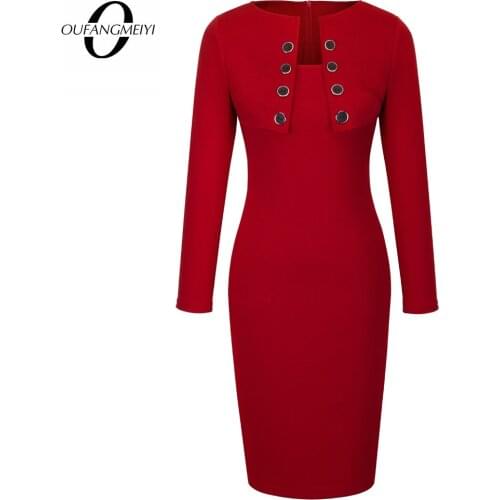 Autumn Women Business Casual Sliming Elegant Long Sleeve Office Ladies Wear To Work Pencil Dress EB10