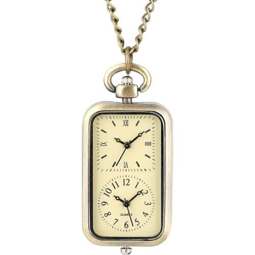 Distinct Double Clock Display Quartz Pocket Watch Sweater Chain Beige Dial With Arabic-Roman Numerals Utility Necklace Chain