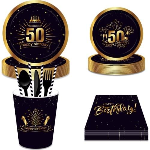 Adult Older 50th Black Gold Luxury Cake Caremony Theme Happy Birthday Party Disposable Tableware Sets Plates Cups Tissues