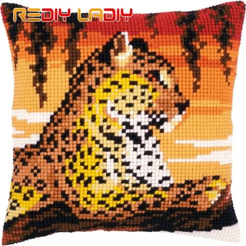DIY Cross Stitch Cushion Cover Sunset Leopard Pillow Case Pre-Printed Canvas Acrylic Thick Yarn Cross-stitch Needlepoint Kits
