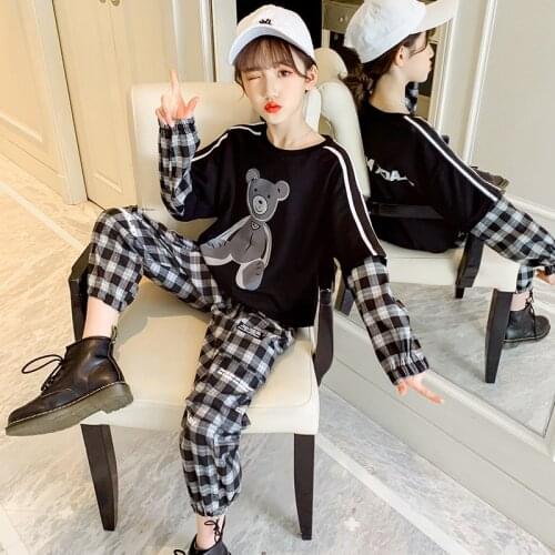 Girls Suits Sweatshirts + Pants Sets Kids 2021 Plaid Spring Autumn Cotton Long Sleeve High Quality Teenagers Sport Tracksuits Ou