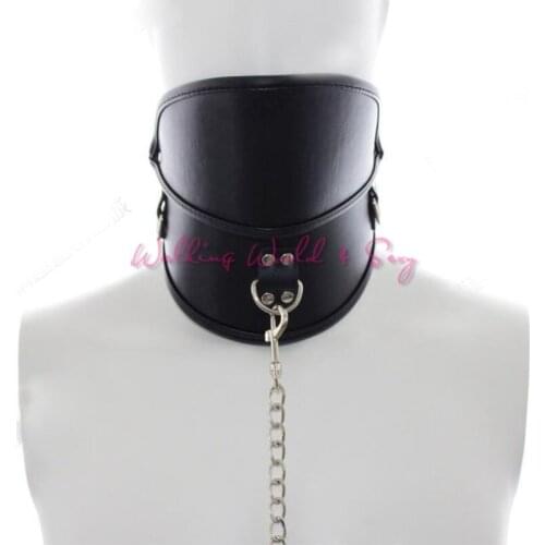 Super Black Bondage Collar With Chain Leash PU Leather Neck Cuffs Fixation Fetish Slave Collar Sex Toys For Couples Adult Game