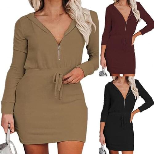 3Colors Western Trendy Women Dress Solid Color Breathable Skin-friendly Long Sleeve Zipper V Neck Women Dress for Autumn 2021 Ne