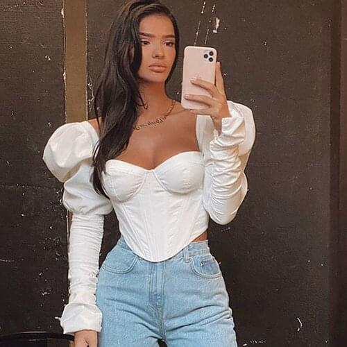 Vintage Square Collar Corset Women Top and Blouse Shirts Elegant Puff Long Sleeve Crop Tops Sexy Low Cut Backless Blouses Blusas