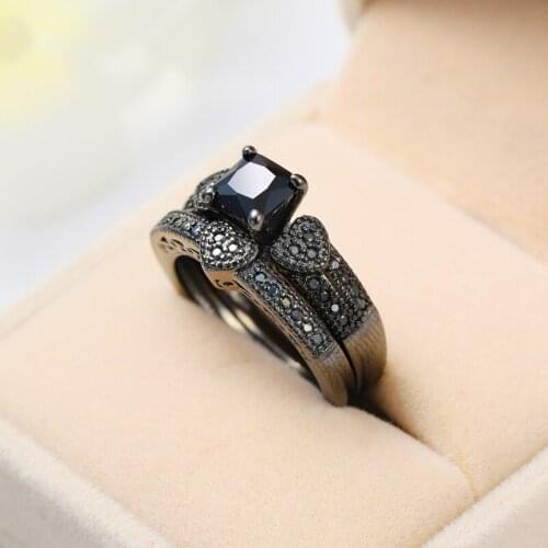 Vintage square Crystal Stone Ring Set Black Crystal Black Gold Filled Filled Couple Wedding Engagement Rings For Women Men Cz