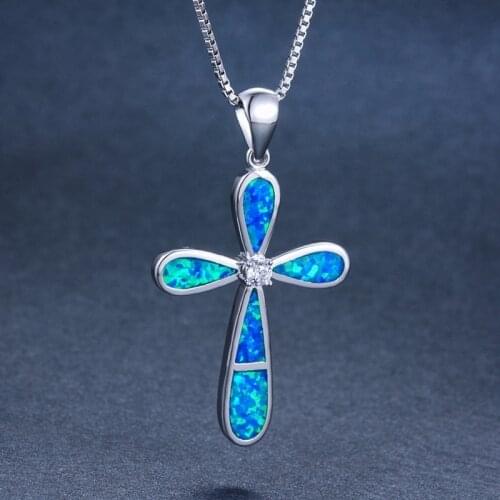 Ladies New Fashion Blue Fire Opal Cross Pendant Necklace Inlaid Opal Silver Color Cz Bridal Wedding Necklace Jewelry Gift