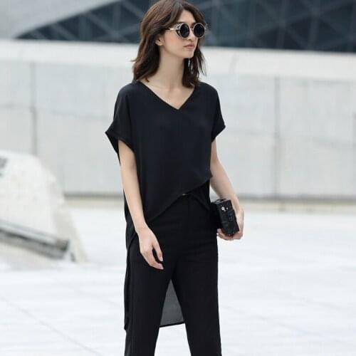 Customize Made Women Summer Fashion Plus Size 3XS-10XL Sexy Deep V Neck Short Sleeve Irregular High Low Chiffon Shirts Blouses