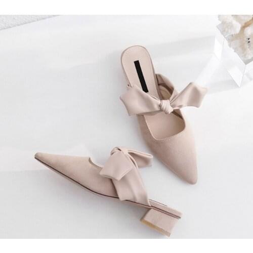 Genuine Leather Silk Butterfly knot Womens Slipper Middle Chunky Heels Pointed Toe Korean Version Fairy Style Ladies Shoes