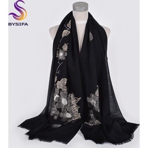 [BYSIFA] New Women 100% Wool Scarves Shawls Embroidered Fall Winter Solid Black White Ladies Long Scarves Hijabs Neck Scarf Wrap