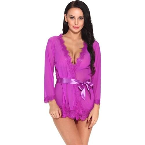 Robe femme Sexy Sleepwear Bathrobe with Belt Long Sleeve Nightgowns Robe Sexy Women Badjas Lace Robes Set Kimonos Mujer 2021