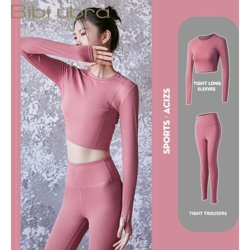 Women Long Sleeve Active Tracksuit High Waist Seamless Yoga Set Tights Cropped Shirts Sport Suit Gym Clothing Fitness Leggings