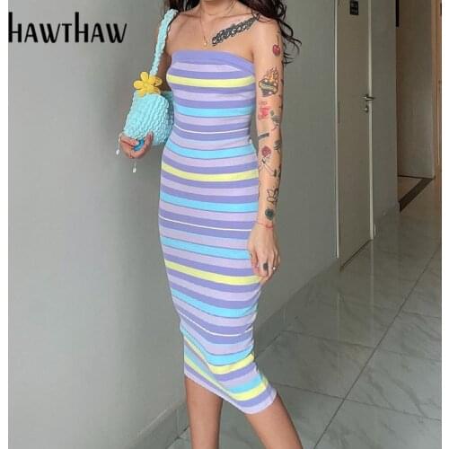 Hawthaw Women Fashion Summer Strapless Sleeveless Striped Printed Bodycon Pencil Tube Dress 2021 Female Clothing Streetwear