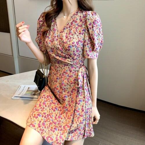 V Neck Floral Print Dress Female French Style Puff Sleeve Tie Waist Wrap Short Mini Dresses Summer 2020 Korean Fashion Vestidos