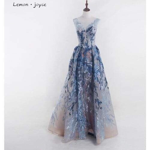 Lemon joyce Blue Evening Dresses 2020 Elegant O-Neck sleeveless A-line Long Dress New Embroidery Prom Dresses Plus Size