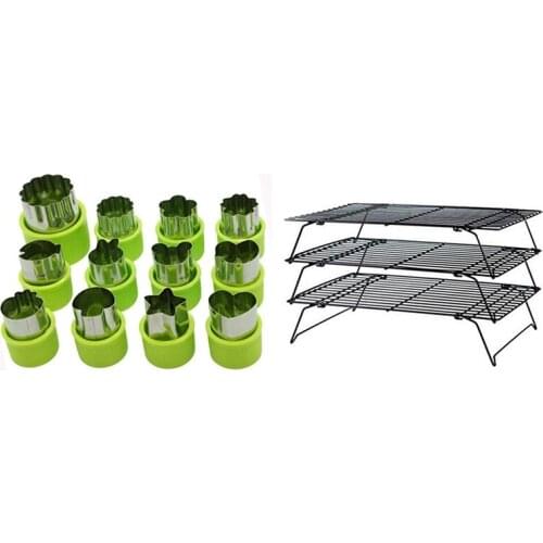 12 Pcs Mini Cookie Cutters Pie Crust Vegetable Fruit Cutter & 3 Pcs Cake Cookie Biscuits Bread Cooling Rack