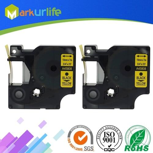 2 PCS/Lot Compatible for DYMO Self-Adhesive Tape 45808 (S0720880) Excellent Work for DYMO printer (19mm*7m) Black on Yellow