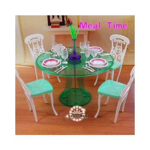 Free Shipping 1/6 doll accessories Meal Time Dining Table Girl birthday gift plastic Play Set doll Furniture for barbie doll