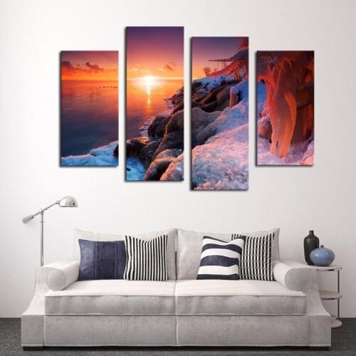 Unframed 4 Panels Nice Painting The Setting Sun Seascape Picture HD Canvas Print Painting Wall Art Canvas Painting Wholesale
