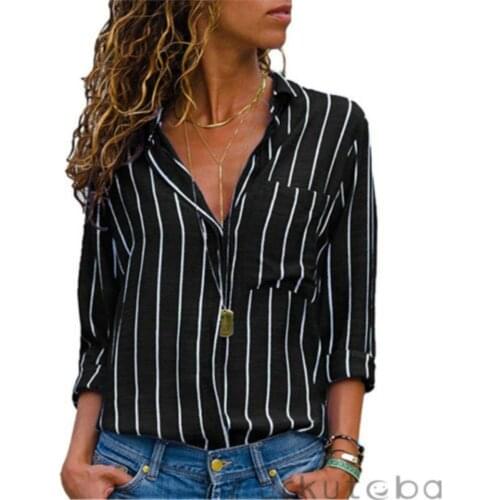 Blouse 2018 New Brand Women V Neck Loose Button up Color Block Striped Blouse Autumn Long Sleeve Casual Tops