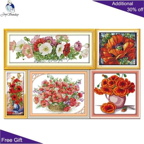 Joy Sunday Poppy Home Decor H331H356(2)H357H629(6)H642(7) Poppy Basket Colorful Flowers Celadon Vase Poppies Cross Stitch kits